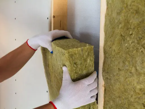 Manos enguantadas colocan aislamiento de lana de roca para saber como aislar termicamente una habitacion.
