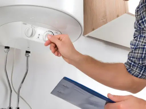 Técnico revisa termo eléctrico que no enciende piloto. Ajusta el control de temperatura.