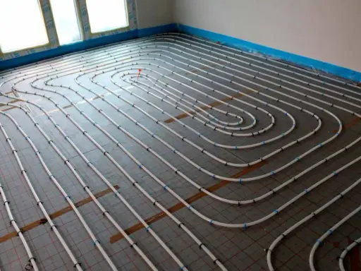 Instalación de tuberías para convertir suelo radiante en refrescante. El sistema de calefacción/refrigeración por suelo radiante se está instalando en un nuevo edificio.
