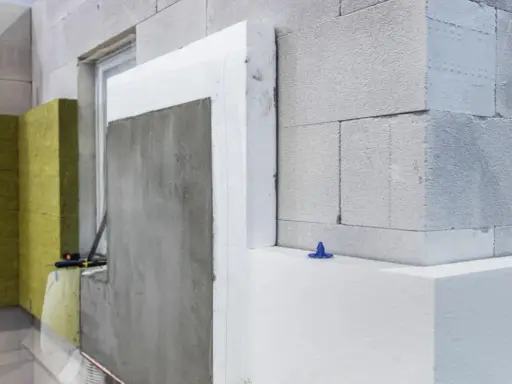 Detalles de construcción: ejemplos de aislantes térmicos como poliestireno y lana mineral en una pared de bloques.