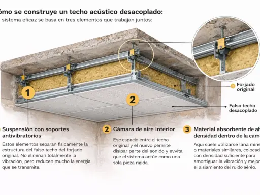 Detalle de un falso techo acústico desacoplado, ideal para aislar techo ruido vecinos. Muestra suspensión, cámara de aire y material absorbente.
