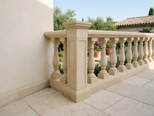 Una elegante balaustrada de piedra con balaustres torneados, que delimita un patio con baldosas y un jardín con flores púrpuras.