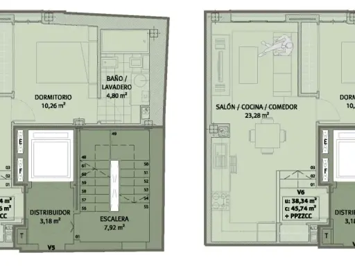 Plano de una vivienda con salón-cocina-comedor, dormitorio, baño/lavadero y distribuidor. La superficie construida del edificio se aprecia en este plano de varias plantas.