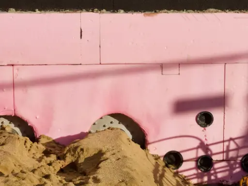 Aislamiento rosa para cimentación, con arena y tuberías. Su baja transmitancia térmica es clave para la eficiencia energética.