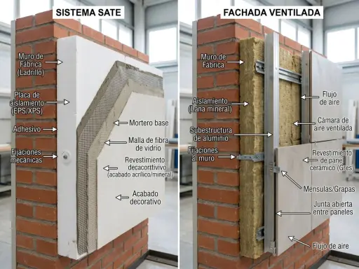 Comparativa visual: Sistema SATE vs. Fachada Ventilada. Muestra capas de aislamiento y acabados, destacando la diferencia entre ambos sistemas constructivos.