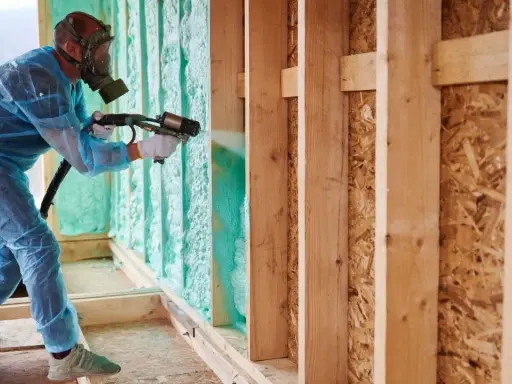 Un trabajador con equipo de protección rocía espuma aislante, mostrando la diferencia entre poliuretano y poliestireno en la construcción.