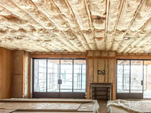 Techo con aislamiento de lana de vidrio, material que es inflamable. Ventanales y chimenea en construcción.