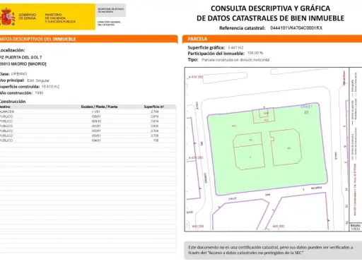 Plano catastral de una parcela urbana en Madrid, con la **superficie construida** detallada por destino y planta.