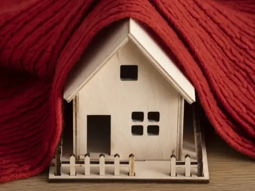 Casa de madera envuelta en manta roja, simbolizando la normativa de aislamiento térmico en viviendas para mantener el calor.