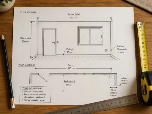 Planos de una habitación con medidas: vista frontal y superior, mostrando puerta, ventana, enchufe y rodapié. La profundidad edificable es de 60 cm.