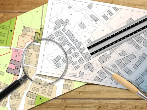 Planos de parcelas con lupa, regla y bolígrafo. Se analiza la diferencia entre edificabilidad y ocupación en urbanismo.