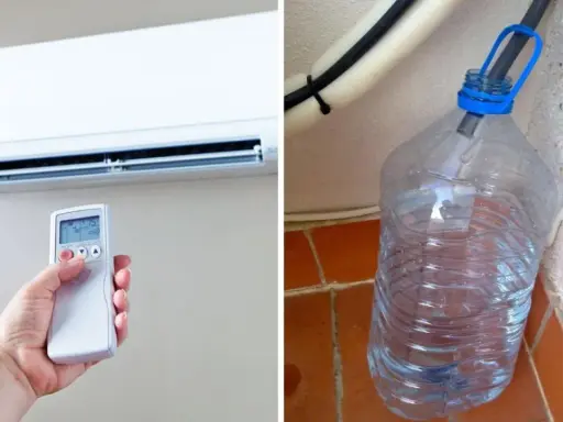 Aire acondicionado con mando a distancia y una botella recogiendo el agua del aire acondicionado es destilada.
