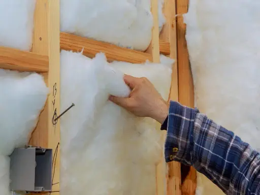 Mano colocando aislamiento en la pared de madera. Mejora el aislamiento de edificios para mayor eficiencia energética.