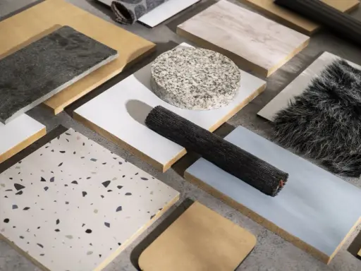 Muestras de materiales de construcción reciclados: piedra, madera, textiles y terrazzo.