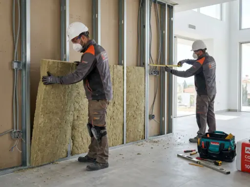 Dos obreros instalan aislamiento de lana de roca en una pared interior. Se ven herramientas y una caja de Rockwool.