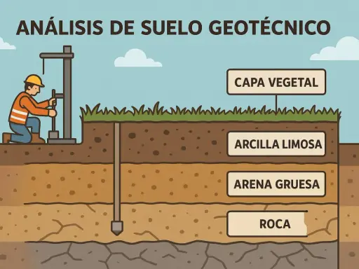 Un trabajador realiza un estudio geotecnico, perforando el suelo para analizar capas de vegetación, arcilla limosa, arena gruesa y roca.