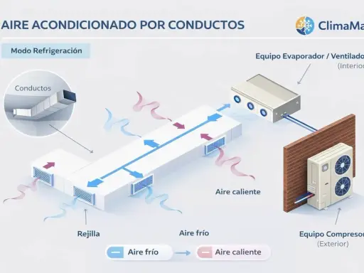 Esquema de aire acondicionado por conductos en modo refrigeración. Muestra el equipo interior y exterior, conductos, rejillas y flujo de aire frío y caliente.