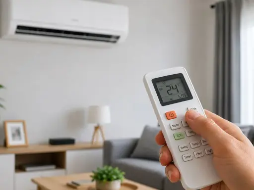 Mano ajustando la temperatura de consigna del aire acondicionado a 24°C con el mando a distancia.
