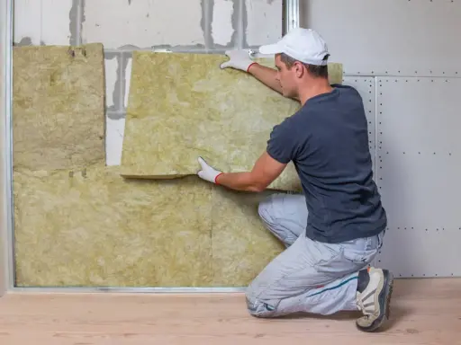 Hombre instalando aislamiento de lana de roca para como aislar una pared.