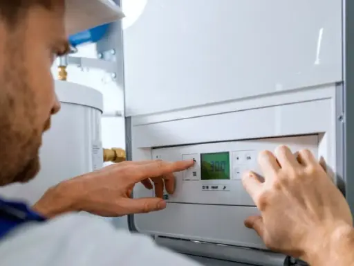 Técnico ajustando un calentador de gas butano. El esquema de instalación es complejo, pero él lo domina.