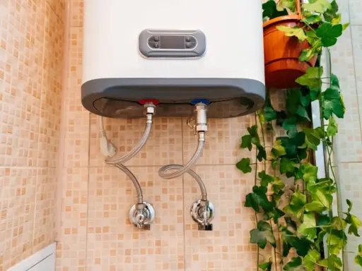 Termo eléctrico no sale agua caliente. Las tuberías de conexión y las válvulas están visibles en la pared con azulejos.
