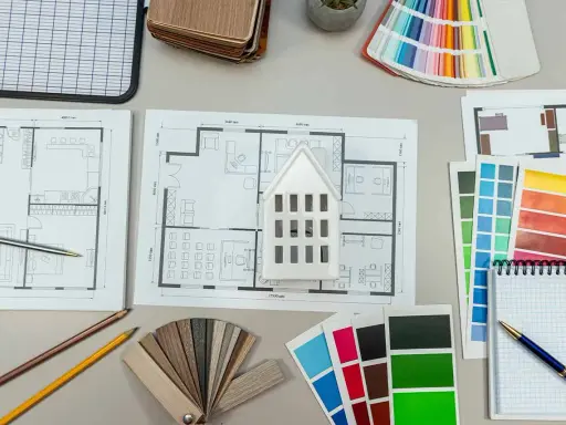 Planos de casa, muestras de materiales y paletas de colores para calcular el precio medio reforma integral.