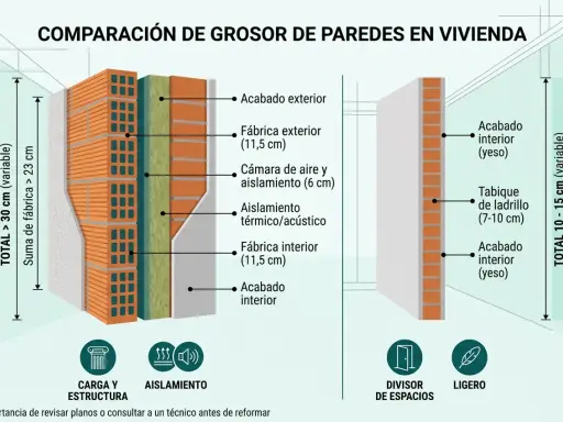 Comparación de grosor de paredes. Muestra el grosor de tabique entre viviendas, con capas de aislamiento y fábrica.