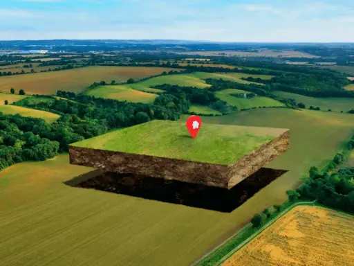 Un trozo de tierra flotante con un marcador de casa, listo para ser un fondo edificable en un paisaje rural.