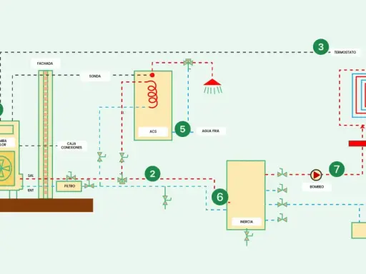 Esquema de instalación de aerotermia para vivienda unifamiliar: bomba de calor, suelo radiante, ACS y termostato.