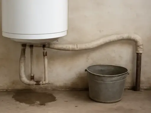 Un termo pierde agua por arriba, mojando el suelo y un cubo metálico espera bajo la tubería.