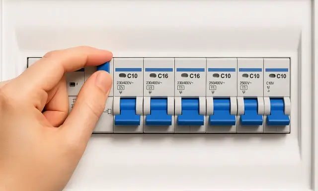 Mano manipulando un interruptor en un cuadro eléctrico, mostrando varios disyuntores. Esto ilustra qué es un diferencial eléctrico y su función de protección.