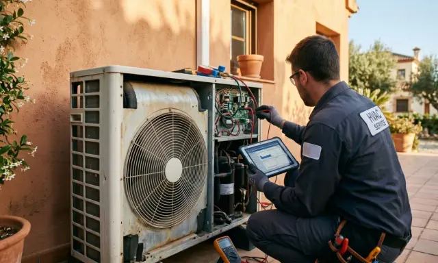 Técnico realiza mantenimiento a bomba de calor, revisando componentes y datos en tablet.