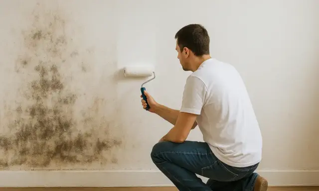 Hombre pintando pared con moho. La pintura caduca sin abrir, pero el problema de humedad persiste.