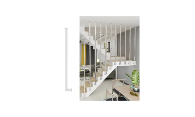 Escalera moderna con balaustres verticales blancos. Guía visual sobre como colocar balaustres en escaleras para un acabado seguro y estético.
