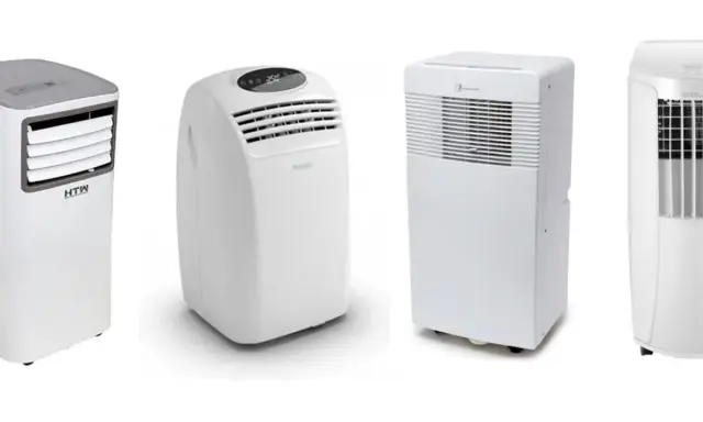 Cuatro aires acondicionados portátiles blancos. El tubo del aire acondicionado portátil sirve para evacuar el aire caliente al exterior.
