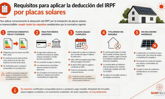 Requisitos para deducción IRPF placas solares: certificado energético, pago trazable, plazos, titularidad inmueble y sin exclusiones. La deducción por inversión en eficiencia energética es clave.
