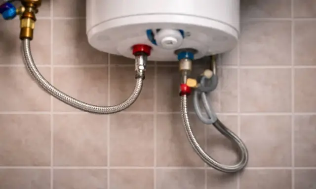 Detalle de conexiones de un termo eléctrico. Se observa una manguera flexible conectada a la válvula de seguridad, indicando que el termo eléctrico gotea por ahí.