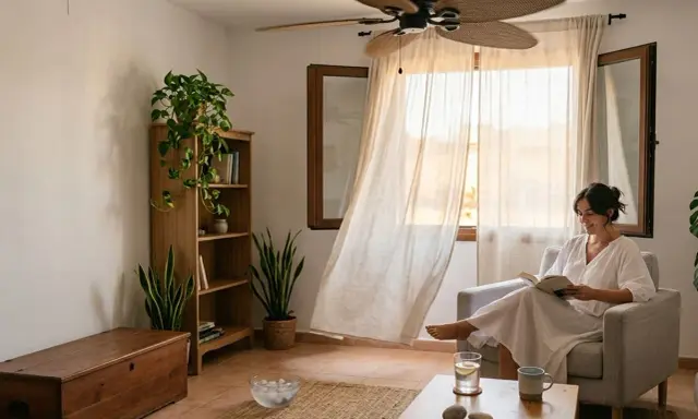 Mujer leyendo en sillón, con ventilador de techo y cortinas movidas por la brisa. Consejos aire acondicionado: ventilar y usar ventilador para refrescar.