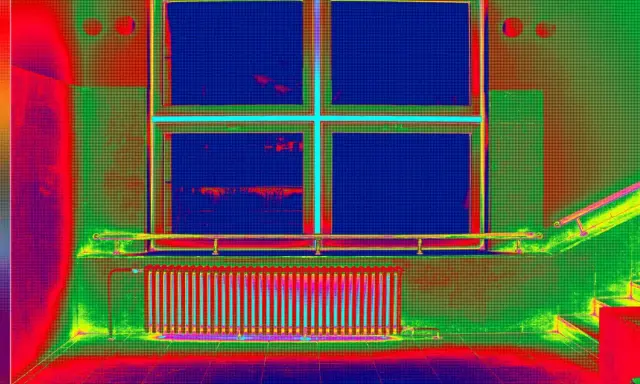 Radiador y ventana con colores falsos que resaltan el **puente térmico** en la pared.