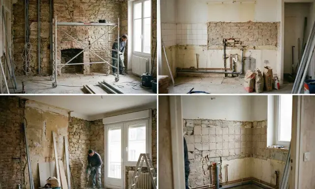 Obras en curso: un trabajador usa un martillo neumático en una habitación con andamios. Parece que hubo que cambiar de arquitecto a mitad de obra.