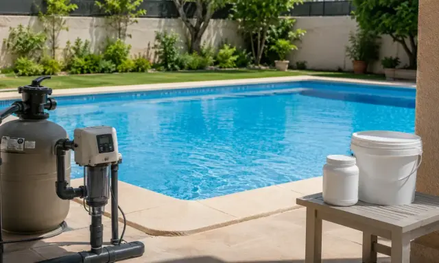 Sistema de filtración y depósitos blancos junto a una piscina azul, ilustrando como funciona una piscina de sal.