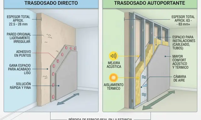 Ilustración comparativa de dos tipos de tabique casa: directo y autoportante, mostrando sus grosores y beneficios.