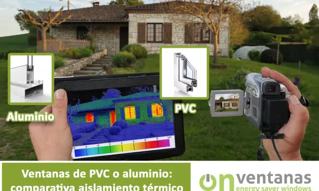 Comparativa de ventanas de PVC y aluminio, mostrando el **coeficiente aislamiento térmico** con cámara termográfica.