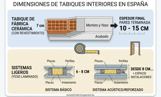 Ilustración de partes de una pared interior: tabique de fábrica cerámica, sistemas ligeros (yeso laminado) básico y acústico/reforzado, con medidas.