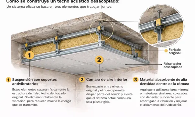 Detalle de un falso techo acústico desacoplado, ideal para aislar techo ruido vecinos. Muestra suspensión, cámara de aire y material absorbente.