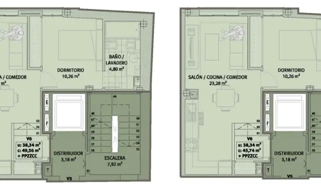 Plano de una vivienda con salón-cocina-comedor, dormitorio, baño/lavadero y distribuidor. La superficie construida del edificio se aprecia en este plano de varias plantas.