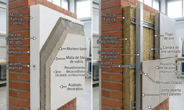 Comparativa visual: Sistema SATE vs. Fachada Ventilada. Muestra capas de aislamiento y acabados, destacando la diferencia entre ambos sistemas constructivos.