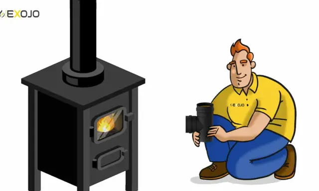 Hombre con tubo de chimenea listo para instalar en la estufa. Correcto tiro posicion de los tubos de una chimenea.