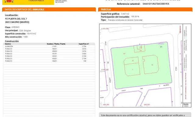 Plano catastral de una parcela urbana en Madrid, con la **superficie construida** detallada por destino y planta.