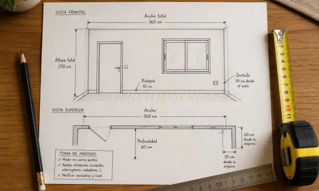 Planos de una habitación con medidas: vista frontal y superior, mostrando puerta, ventana, enchufe y rodapié. La profundidad edificable es de 60 cm.
